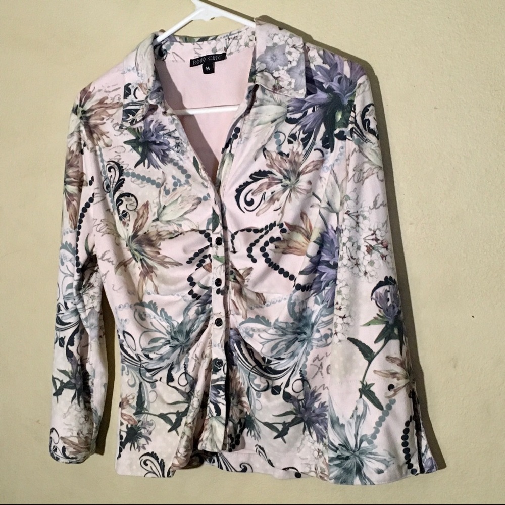 Boho Chic Shirred Front Floral BU Blouse, Sz M